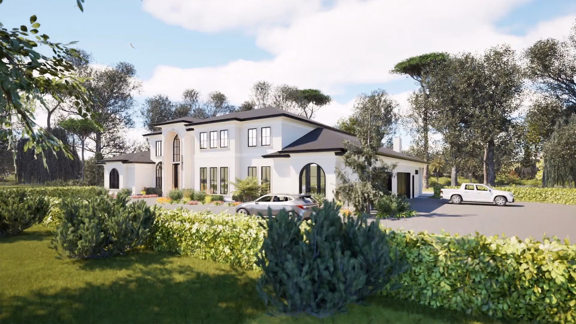Modern residential house with contemporary design and lush landscaping.